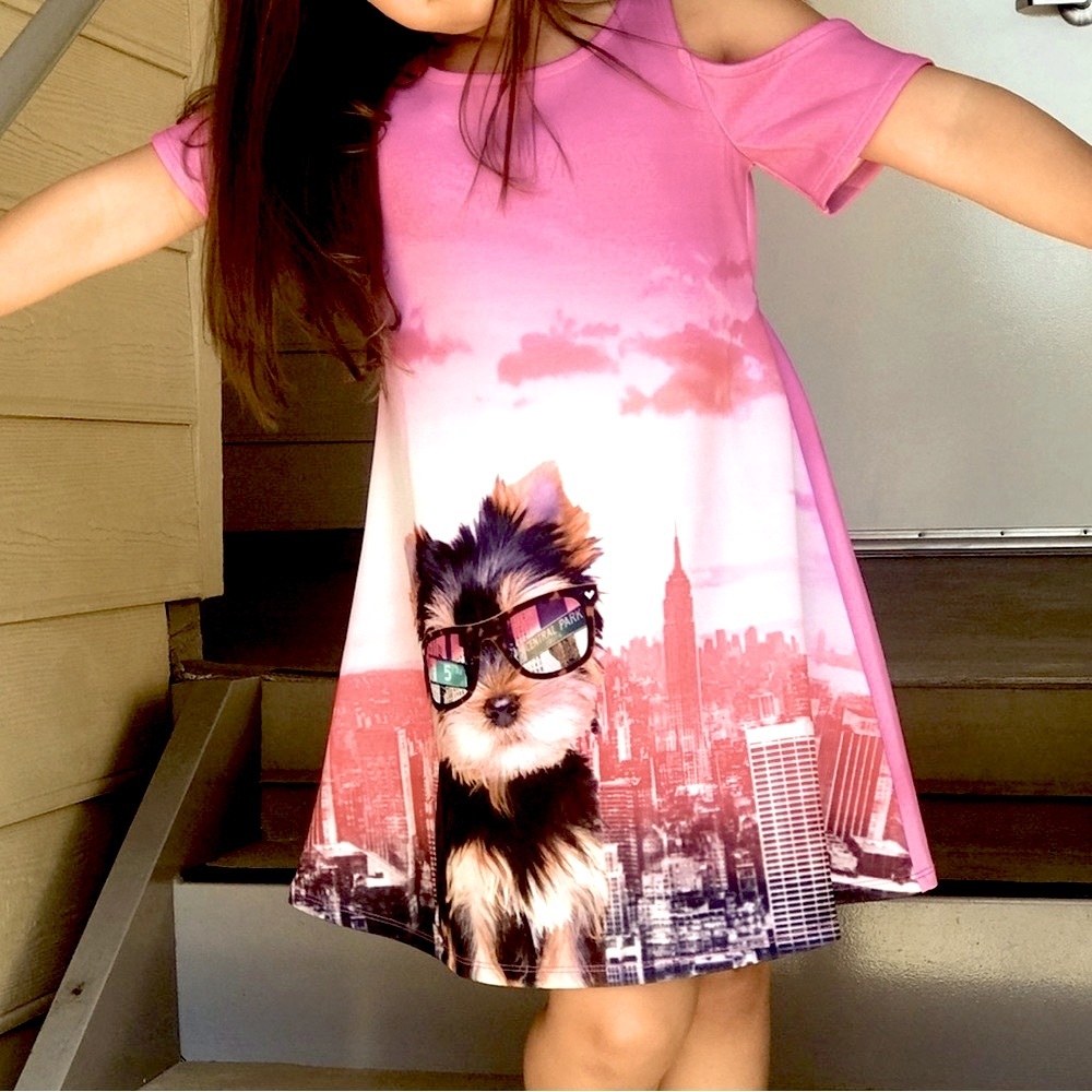 Girls open shoulder dress from Justice size 6/7 - pink with dog